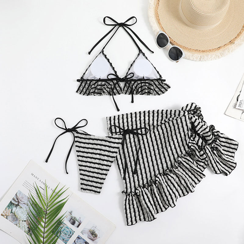 Striped Textured Tie String Ruffle Slide Triangle Halter Brazilian Three Piece Bikini Swimsuit