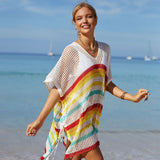 Summer Rainbow Striped Oversized Crochet Brazilian Beach Tunic Cover Up