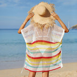 Summer Rainbow Striped Oversized Crochet Brazilian Beach Tunic Cover Up