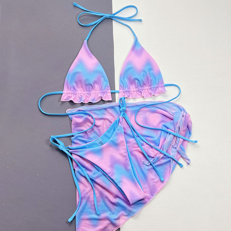 Sweet Wavy Tie Dye Tie String Ruffle Triangle Brazilian Three Piece Bikini Swimsuit