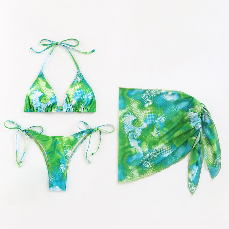 Swirl Sarong Tie String Cheeky Triangle Halter Brazilian Three Piece Bikini Swimsuit