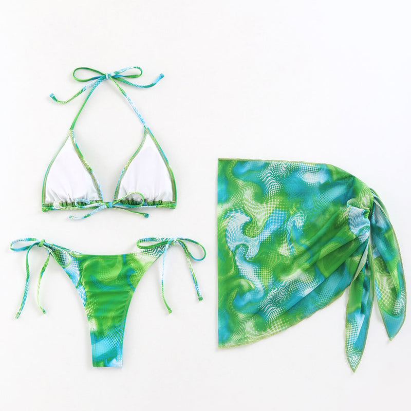 Swirl Sarong Tie String Cheeky Triangle Halter Brazilian Three Piece Bikini Swimsuit