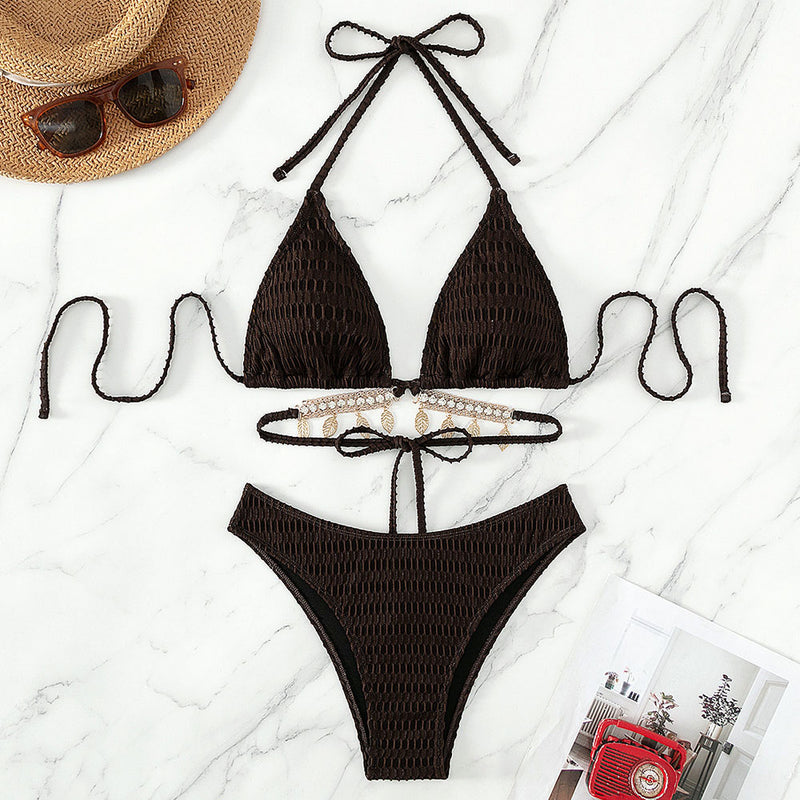 Textured Leaf Chain High Leg Cheeky Triangle Halter Brazilian Two Piece Bikini Swimsuit