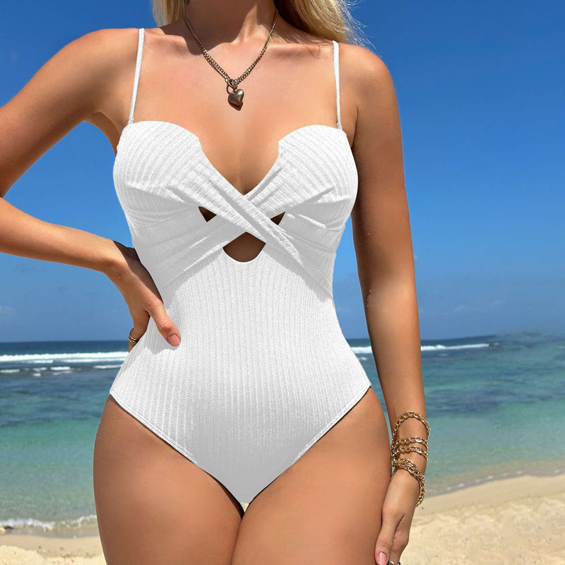 Textured Ribbed Criss Cross Spaghetti Strap Cheeky Brazilian One Piece Swimsuit