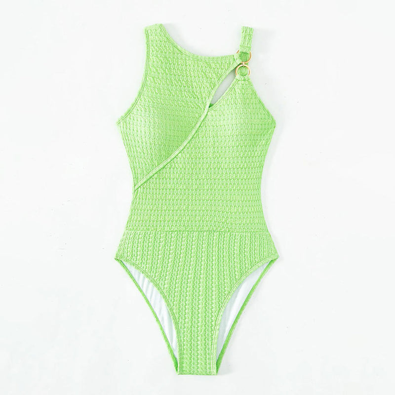 Textured Solid Asymmetrical Cut Out O Ring Moderate Brazilian One Piece Swimsuit