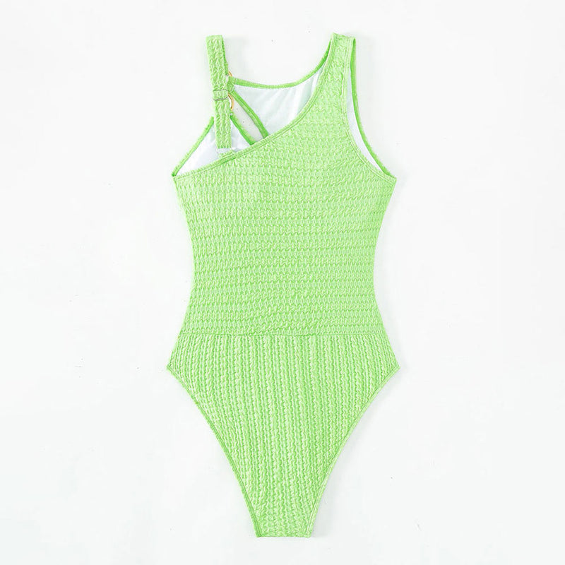 Textured Solid Asymmetrical Cut Out O Ring Moderate Brazilian One Piece Swimsuit