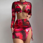 Trendy Tie Dye Long Sleeve High Leg Triangle Brazilian Four Piece Bikini Swimsuit