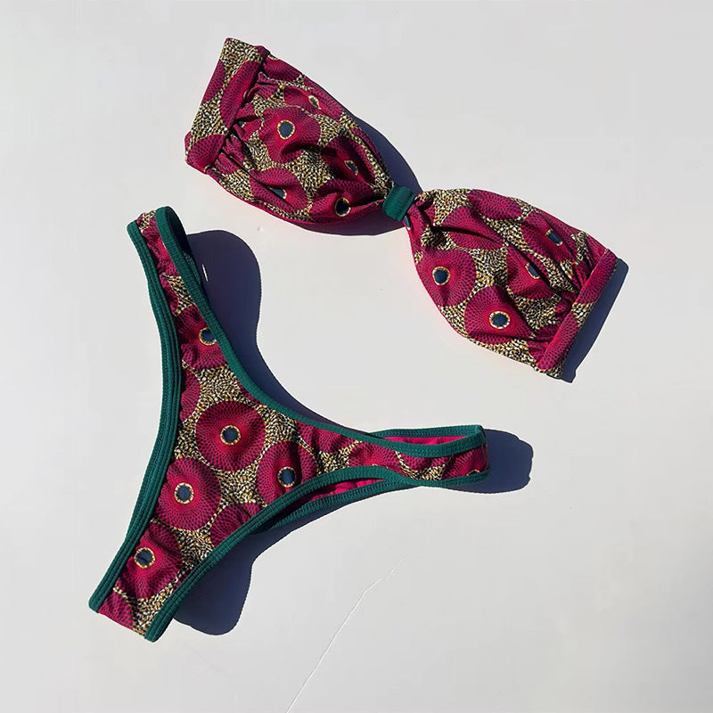 Tribal Circle Print High Cut Knotted Bandeau Brazilian Two Piece Bikini Swimsuit