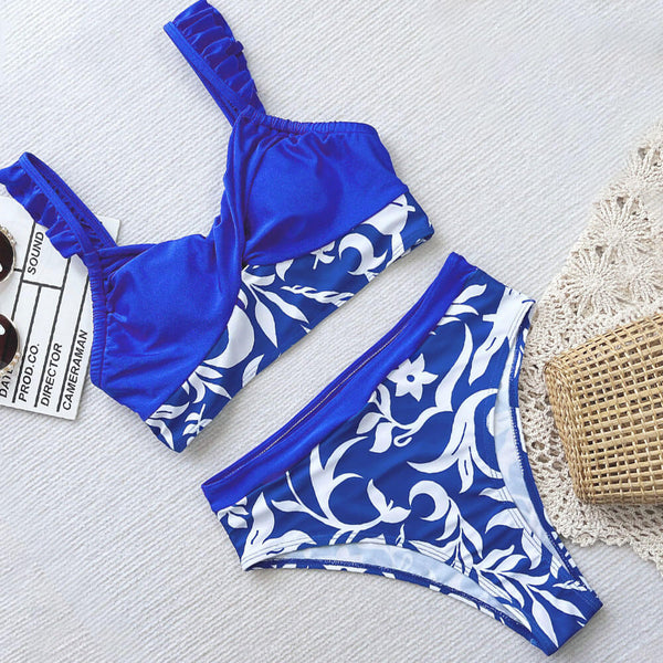 Tropical Floral High Rise Ruffled Twist Front Brazilian Two Piece Bikini Swimsuit