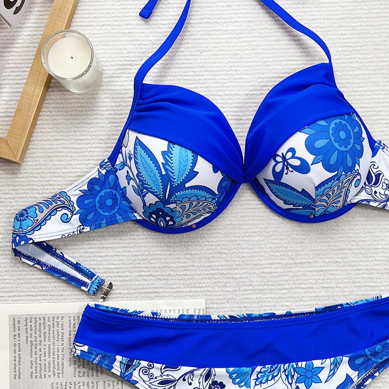 Tropical Floral Mid Waist Cheeky Underwire Brazilian Two Piece Bikini Swimsuit