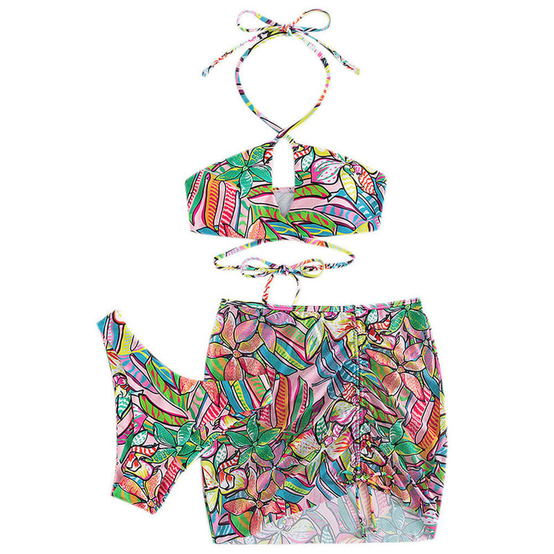 Tropical High Leg Cheeky Printed Wrap Around Brazilian Three Piece Bikini Swimsuit