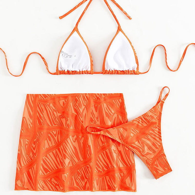Tropical Print String Cheeky Slide Triangle Brazilian Three Piece Bikini Swimsuit