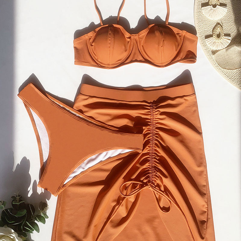 Tropical Sarong High Leg Cheeky Underwire Brazilian Three Piece Bikini Swimsuit