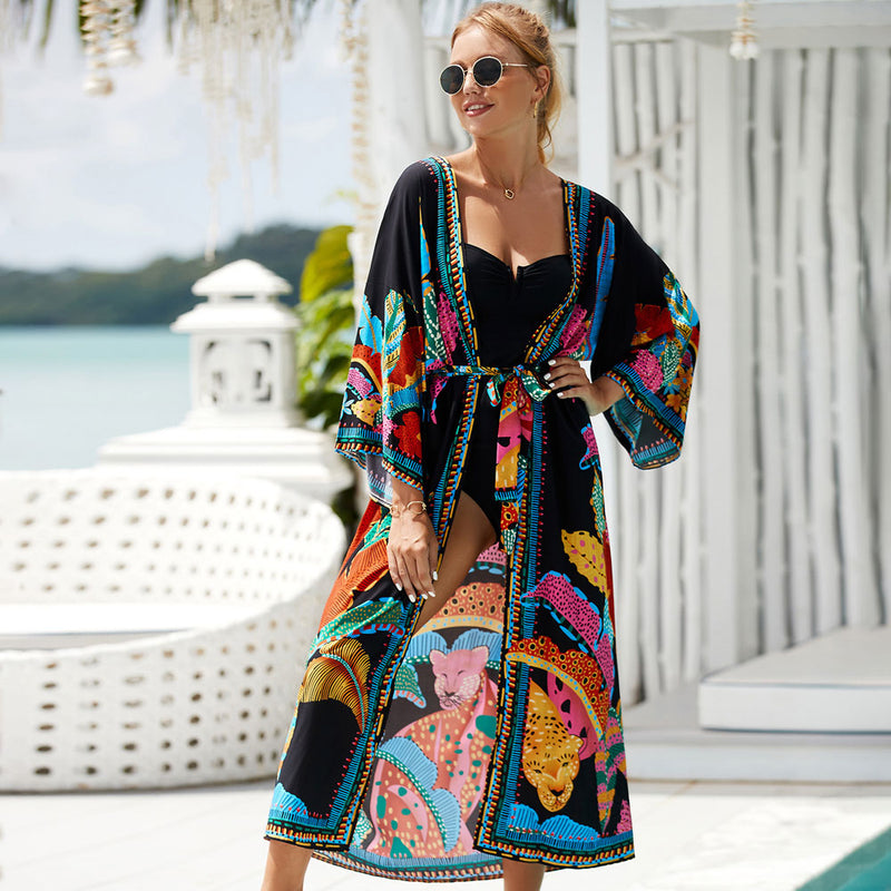 Tropical Style Printed Belted Kimono Sleeve Brazilian Beach Cover Up