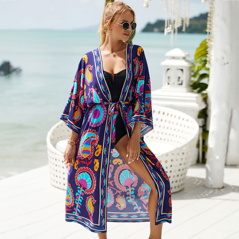 Tropical Style Printed Belted Kimono Sleeve Brazilian Beach Cover Up