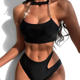 Unique Cutout Cheeky Chain Link Halter Brazilian Two Piece Bikini Swimsuit