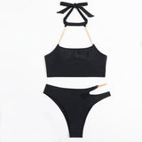 Unique Cutout Cheeky Chain Link Halter Brazilian Two Piece Bikini Swimsuit