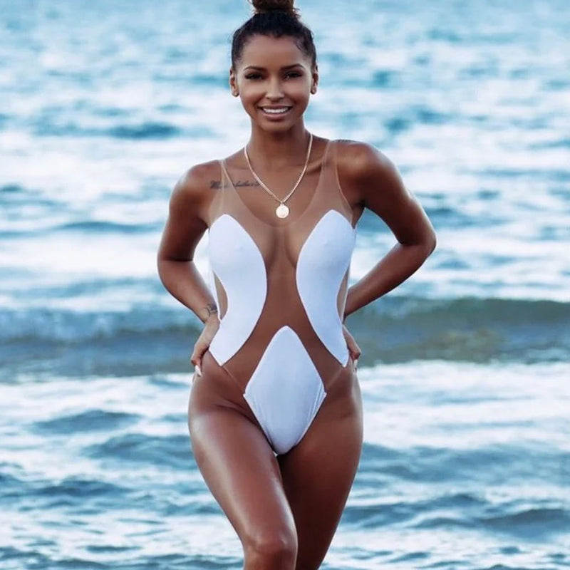 Unique Low Back Cheeky Sheer Mesh Spliced Brazilian One Piece Swimsuit