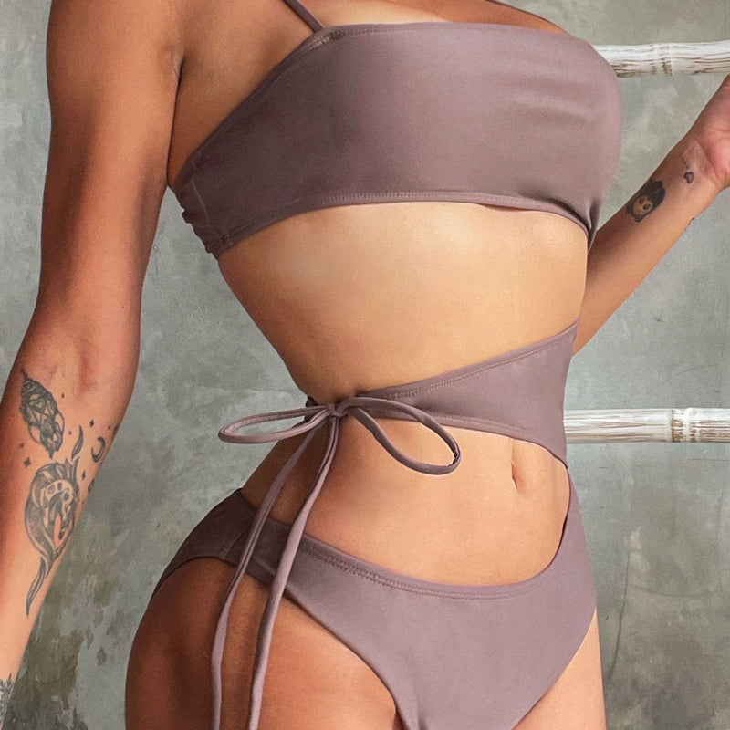 Unique Solid Color Square Neck Tie Side String Cutout Brazilian One Piece Swimsuit
