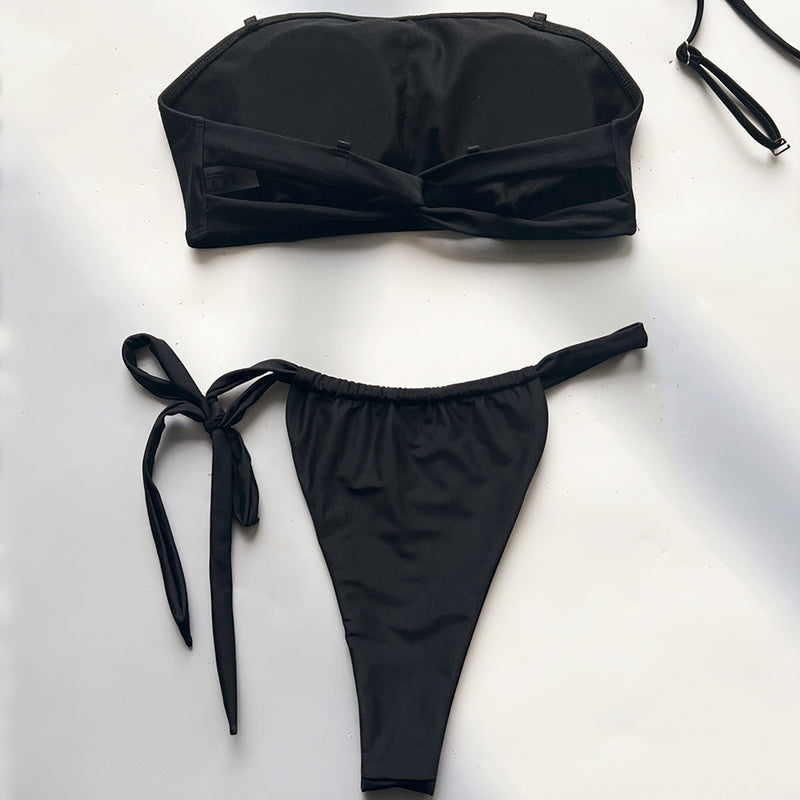 Unique Tie Side Cheeky Back Twist Bandeau Brazilian Two Piece Bikini Swimsuit