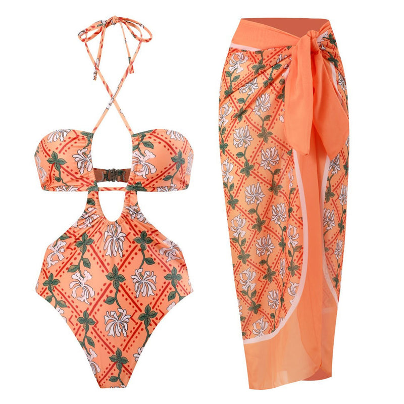 Vacation Floral Print Long Sarong Cutout Halter Monokini Brazilian One Piece Swimsuit
