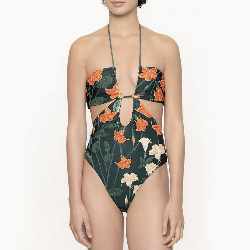 Vacation Floral Print Long Sarong Cutout Halter Monokini Brazilian One Piece Swimsuit