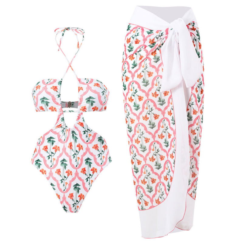 Vacation Floral Print Long Sarong Cutout Halter Monokini Brazilian One Piece Swimsuit