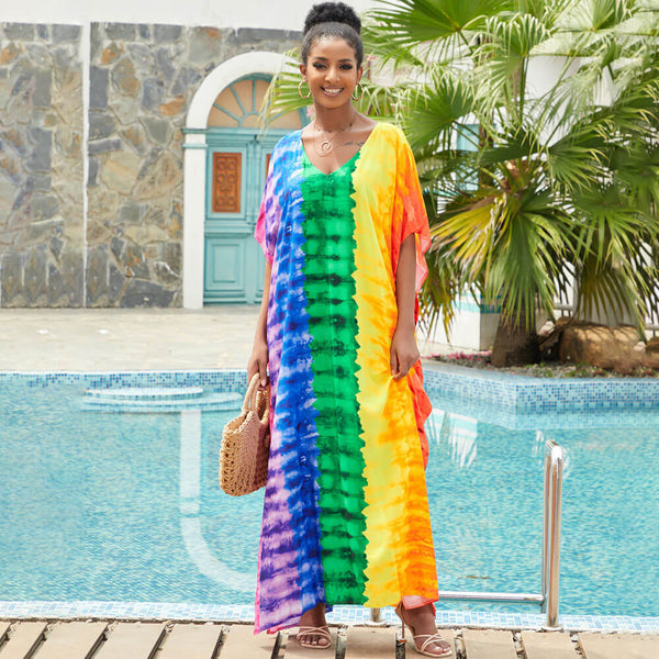 Vacation Ready Butterfly Print Short Sleeve Brazilian Caftan Cover Up Maxi Dress