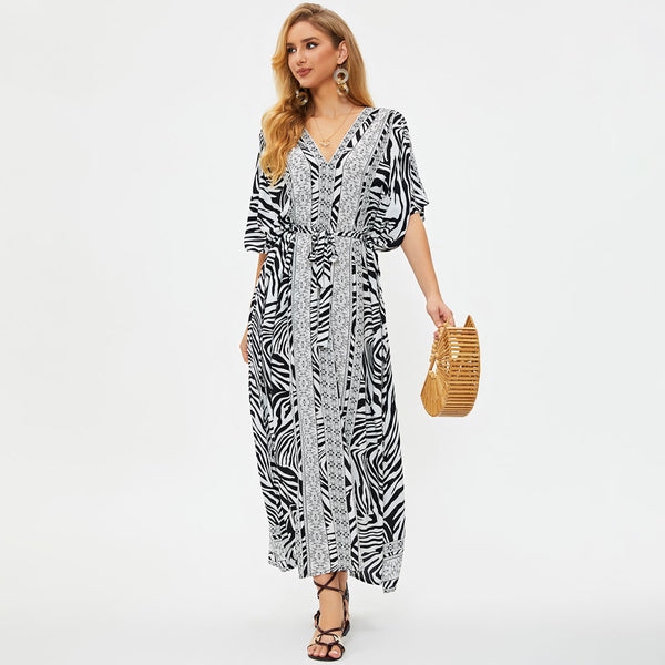 Versatile Floral Printed Zebra Pattern Belted Summer Caftan Beach Cover Up