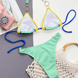 Vibrant Color Block Cheeky High Cut Ring Triangle Brazilian Two Piece Bikini Swimsuit