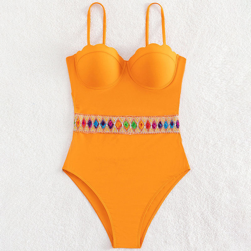 Vibrant Floral Cutout Scalloped Underwire Bandeau Brazilian One Piece Swimsuit