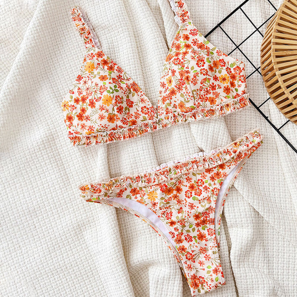 Vibrant Floral Print Ruffled High Leg Triangle Brazilian Two Piece Bikini Swimsuit