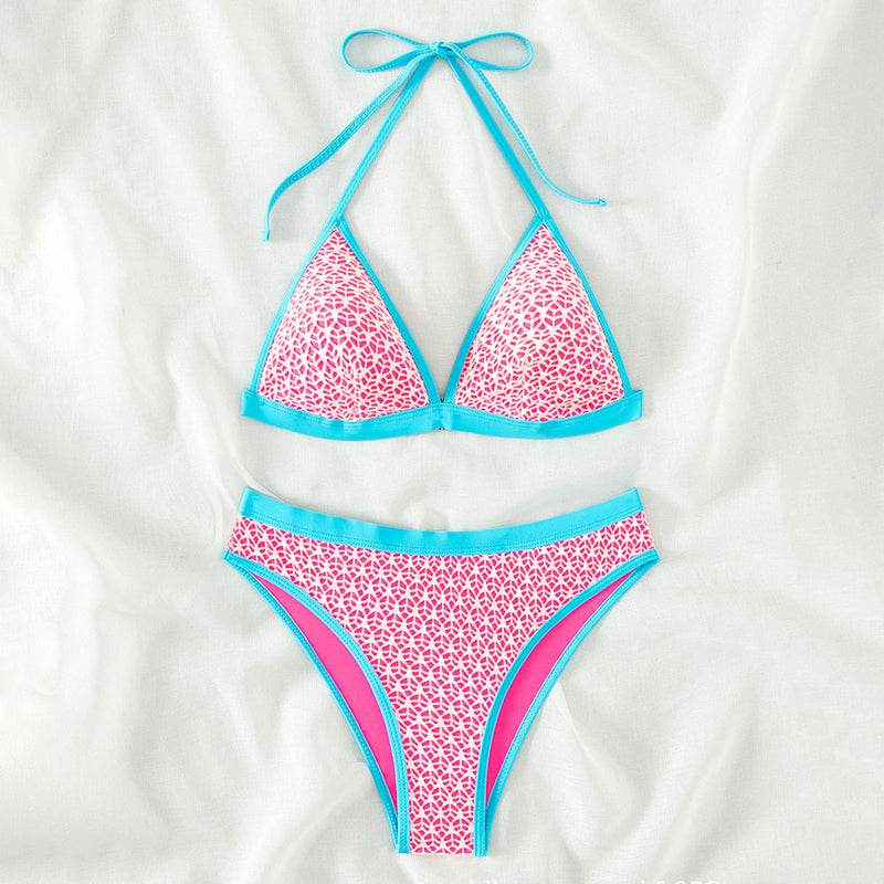 Vibrant Print Contrast Cheeky Banded Triangle Brazilian Two Piece Bikini Swimsuit