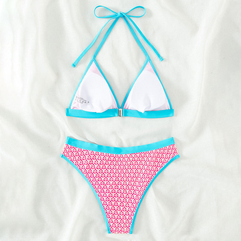 Vibrant Print Contrast Cheeky Banded Triangle Brazilian Two Piece Bikini Swimsuit