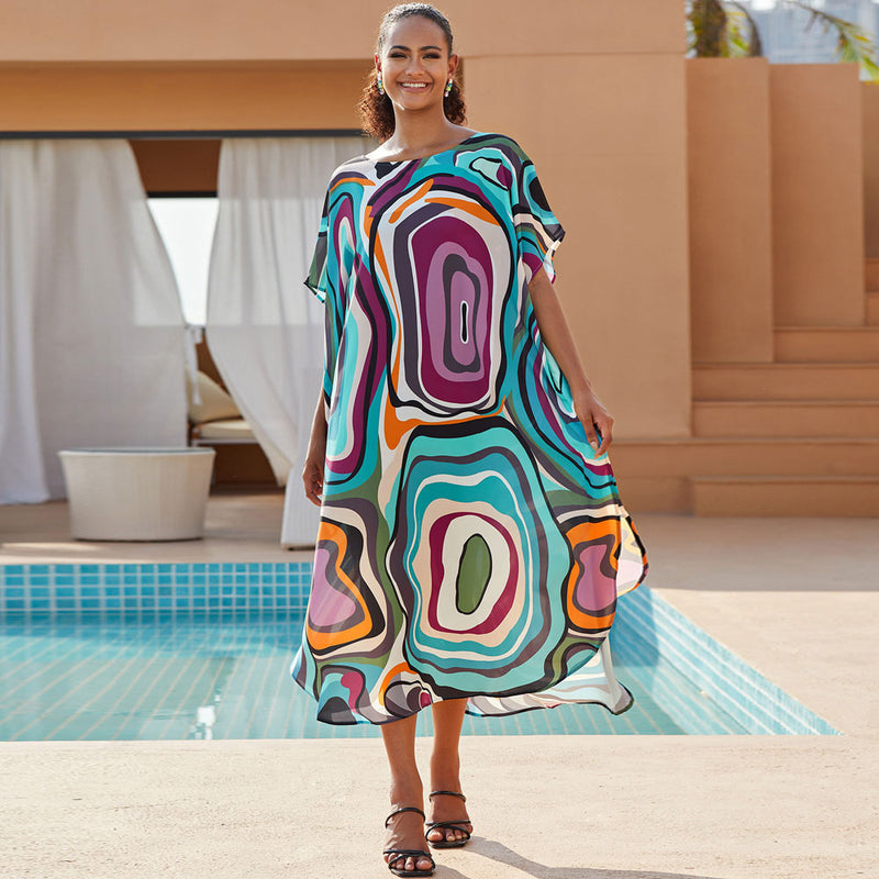 Vibrant Printed Round Neck Short Sleeve Caftan Beach Cover Up
