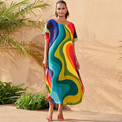 Vibrant Printed Round Neck Short Sleeve Caftan Beach Cover Up