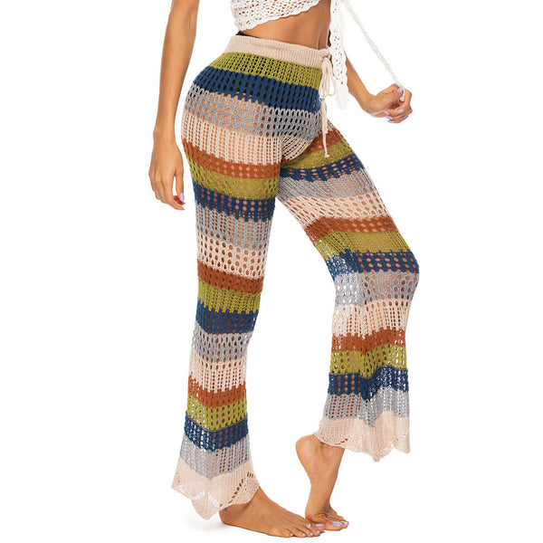 Vibrant Rainbow Striped High Waist Crochet Split Brazilian Beach Cover Up Pants