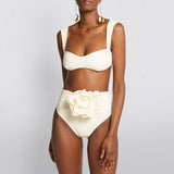 Vintage 3D Flower Ruched High Waist Bralette Brazilian Two Piece Bikini Swimsuit