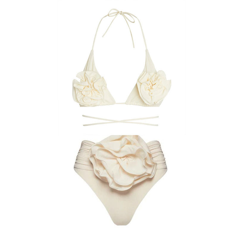 Vintage 3D Flower Ruched High Waist Wrap Triangle Brazilian Two Piece Bikini Swimsuit