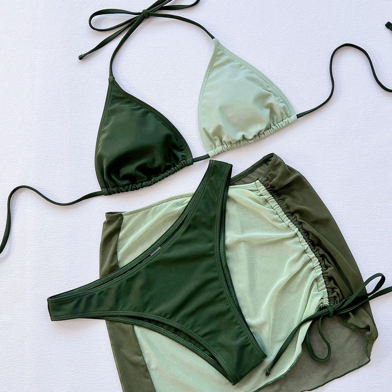 Vintage Bicolor Mesh Cover Up Slide Triangle Brazilian Three Piece Bikini Swimsuit