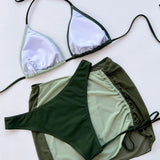 Vintage Bicolor Mesh Cover Up Slide Triangle Brazilian Three Piece Bikini Swimsuit