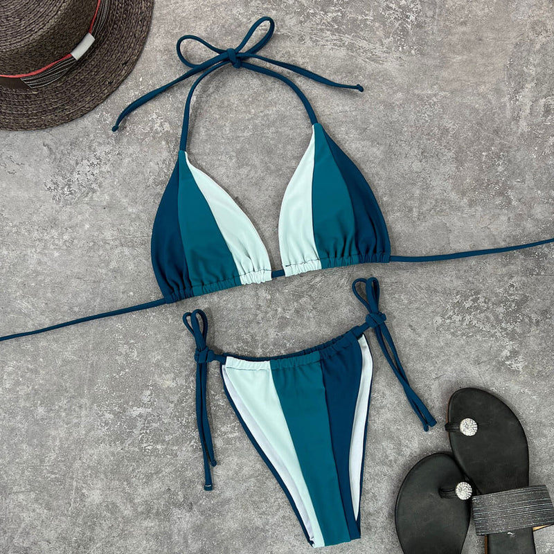 Vintage Color Block Tie String Sliding Triangle Brazilian Two Piece Bikini Swimsuit