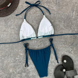 Vintage Color Block Tie String Sliding Triangle Brazilian Two Piece Bikini Swimsuit