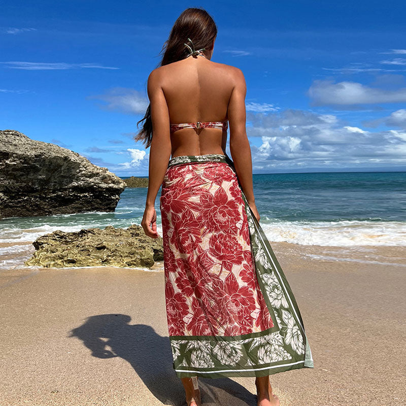 Vintage Floral Tie Side Underwire Halter Brazilian Three Piece Bikini Swimsuit