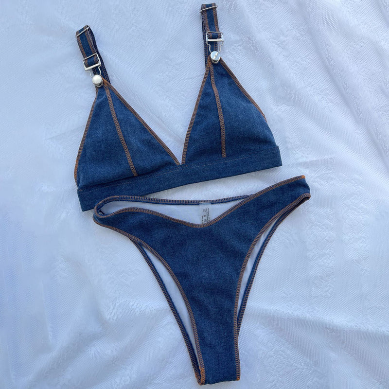 Vintage High Cut Cheeky Denim Triangle Brazilian Two Piece Bikini Swimsuit