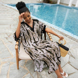 Vintage Tie Dye Print Collared V Neck Brazilian Caftan Cover Up Midi Dress