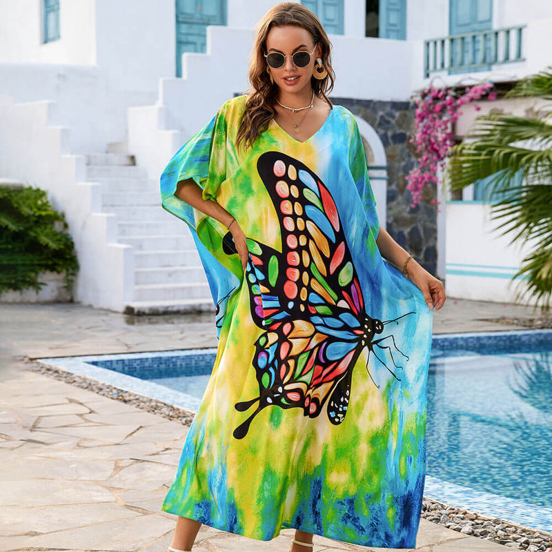 Vivid Butterfly Printed V Neck Short Sleeve Oversized Brazilian Beach Cover Up