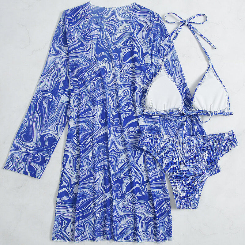 Wavy Print High Waist Smocked Triangle Brazilian Three Piece Bikini Swimsuit