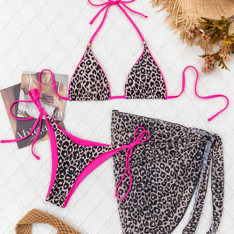 Wild Leopard Tie Side Cheeky Triangle Halter Brazilian Three Piece Bikini Swimsuit