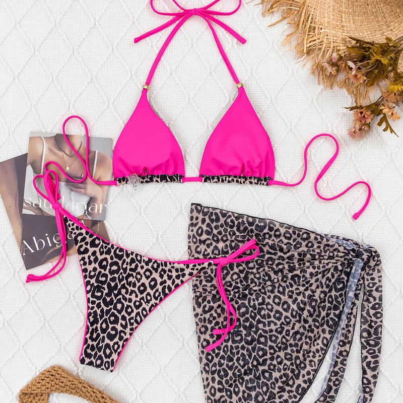 Wild Leopard Tie Side Cheeky Triangle Halter Brazilian Three Piece Bikini Swimsuit